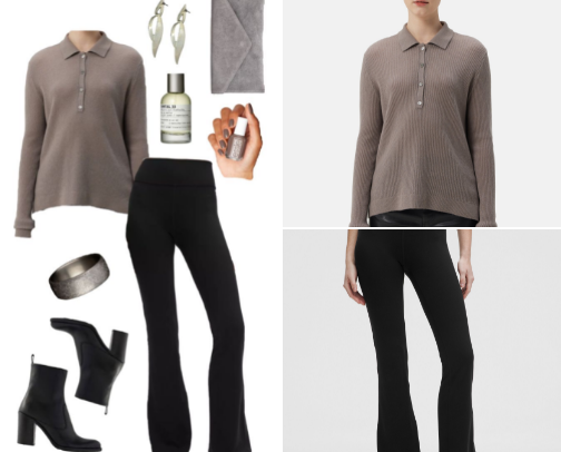 Quiet Ranch Luxury Outfit Essentials: Cool Taupe Knit, Black Flare Leggings & Silver Western Accessories cover photo collage