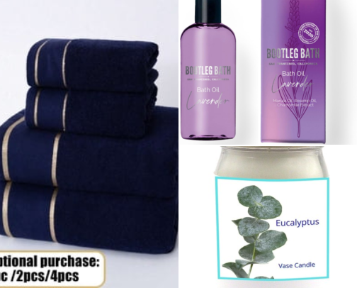 Relaxing Bath Essentials: Candles, Body Care & More cover photo collage