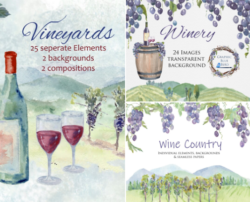 Hand-Painted Farm & Vineyard Watercolor Illustrations cover photo collage