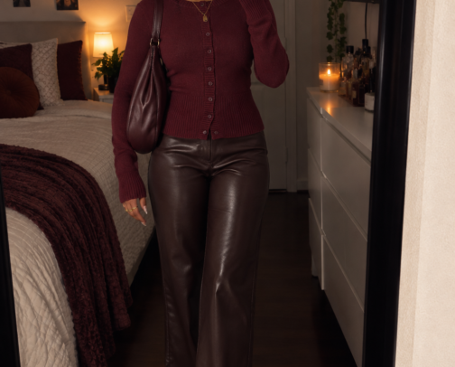Burgundy & Chocolate Fall Outfit 🍷🤎 | Cozy Cardigan & Leather Pants cover photo collage