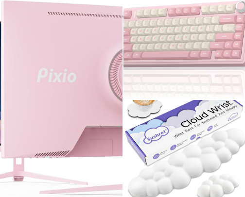 wfh desk essentials 🖥️🩷🤍 cover photo collage