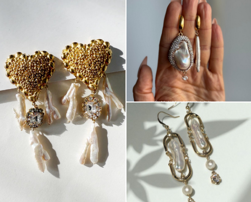 Luxury Baroque Pearl & Gold Heart Dangle Earrings cover photo collage