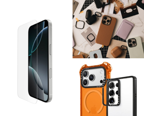 Essentials: Phone Accessories, Airpod Cases, MacBook Cases, iPad Cases, Apple Watch Bands. cover photo collage