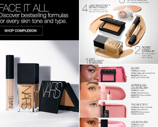 NARS Foundation|concealer|blush + contour + hightlighter|mascara cover photo collage