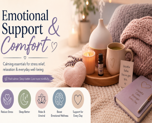 Emotional Support & Comfort: Calming Essentials for Stress Relief, Relaxation & Everyday Well-Being cover photo collage