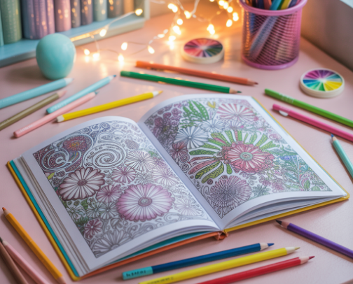 Adult Colouring Books for Relaxation and Calm cover photo collage