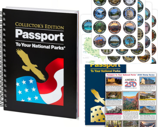 Read Online - Family-friendly National Parks Stamp Book with Sticker Set: Passport-Sized National Park Book with Passport Stickers, Travel Planner, Map, and Parks Checklist Tracker cover photo collage