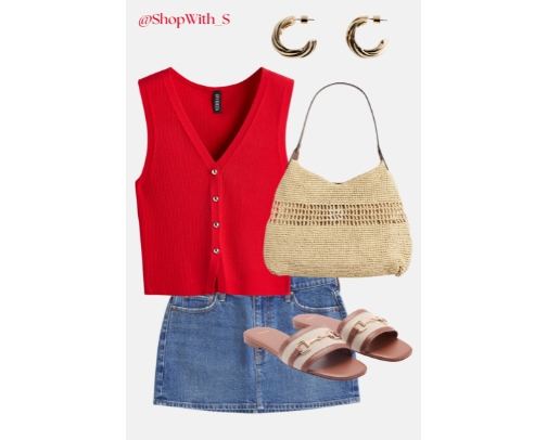 Casual Summer Outfit Idea | Red Tank + Denim Mini Skirt Look cover photo collage
