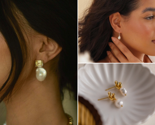 Radiant Bloom: Pearl Drop Earrings cover photo collage