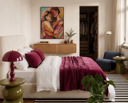 Playful Boucle Bedroom: Berry Tones & Bold Art Edit cover photo collage