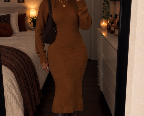 Cozy Chocolate Brown Fall Outfit 🤎 | Knit Midi Dress & Knee-High Boots cover photo collage