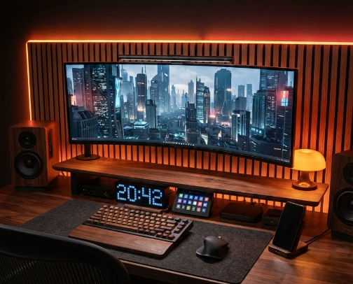 Ultimate Cyber-Wood Desk Setup & Accessories cover photo collage