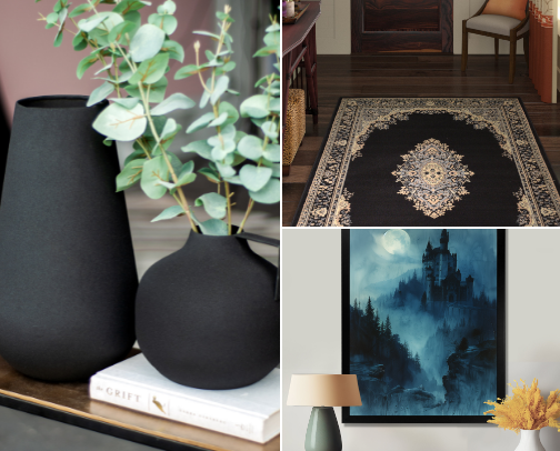 Back in Black for contrast and style. Everything Black for home decor and home stagers. cover photo collage
