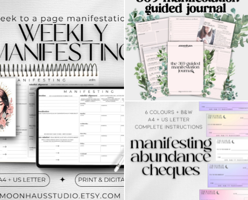 ⭐️🔥 Manifesting with MoonHaus Studio: Instant Downloads Created to Help You Manifest Easily & Effectively - Say Hello to the Law of Attraction Quicker than You Ever Thought Possible! 🔥⭐️ cover photo collage