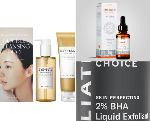 Holy grail products for a perfect skincare routine for glowy, healthy glass skin cover photo collage