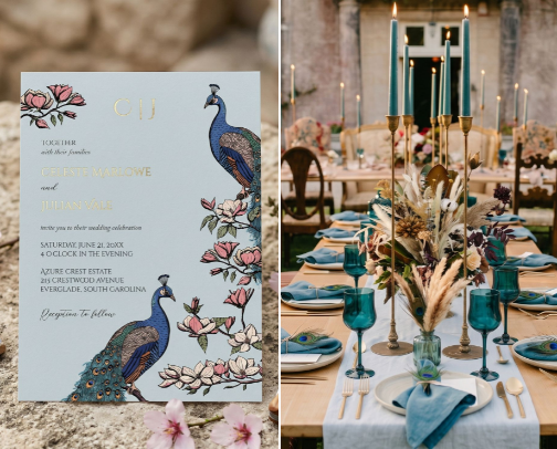 The New Chinoiserie: Hand-Drawn Peacock Wedding Inspiration cover photo collage
