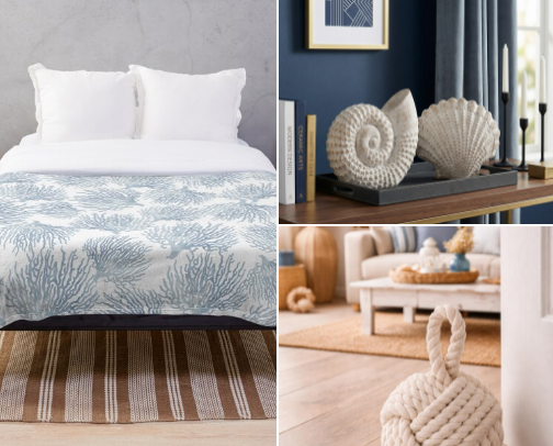 Coastal and beach themed home decor. cover photo collage