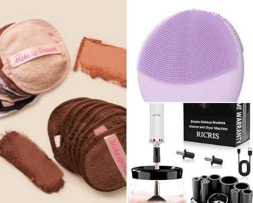 Beauty makeup tools cover photo collage