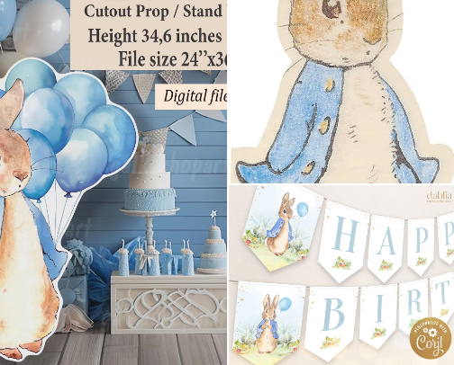 Everything I bought for my sons 1st birthday Peter rabbit edition cover photo collage