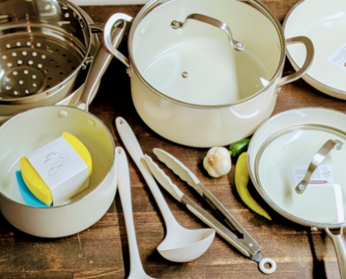 Ceramic cookware kitchen set cover photo collage