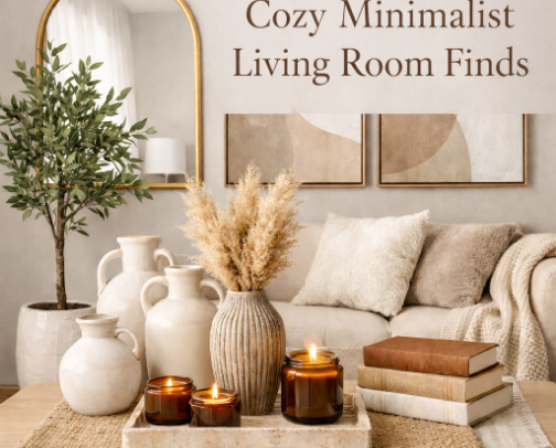 Cozy Minimalist Living Room Finds cover photo collage