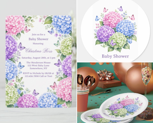 Pastel Hydrangea and Butterfly Baby Shower cover photo collage