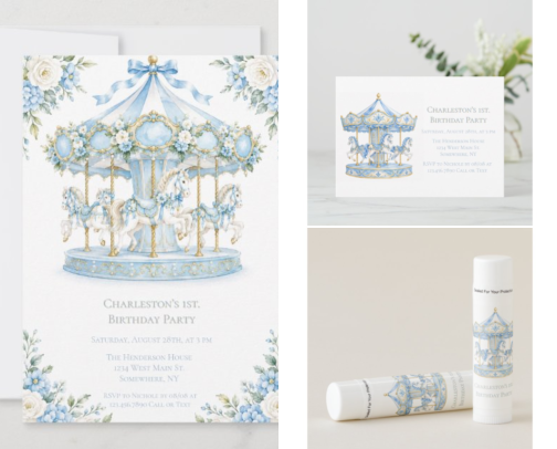 Watercolor Blue Carousel Boy 1st. Birthday Party cover photo collage