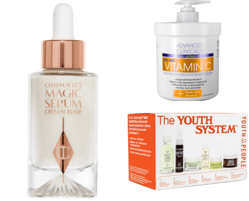 Face creams with vitamin C,B,retinol,hyaluronic acid cover photo collage