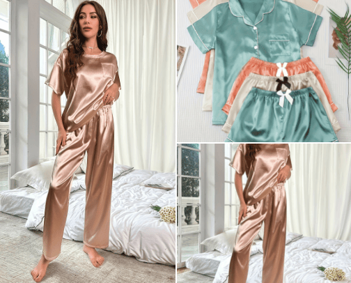 Temu satin pj sets and accessories.🧳🛀🛌 cover photo collage