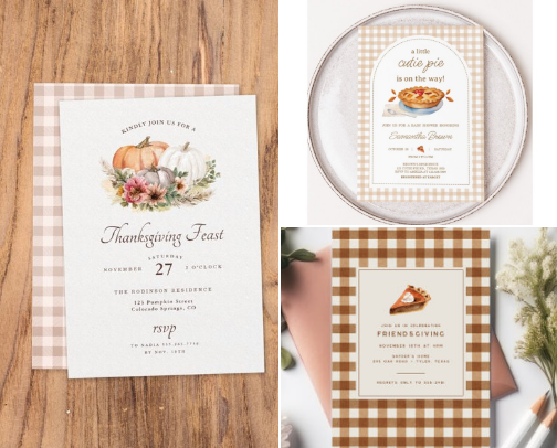 Autumn and Thanksgiving Gingham Invitations, Party Supplies, and Food Labels cover photo collage