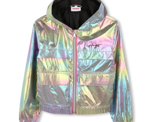 KIDS' IRIDESCENT HOODED WINDBREAKER WITH LOGO PRINT decija jaknica cover photo collage
