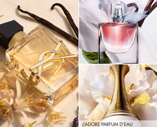 Expensive and seductive smelling perfumes cover photo collage