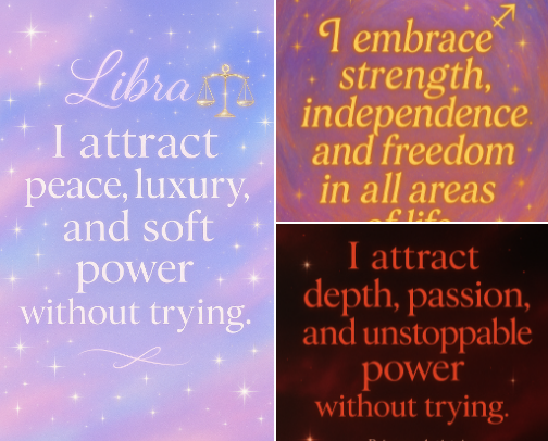 Zodiac Affirmations for Each Sign | Celestial Soft Girl Energy, Daily Manifestation Quotes & Astrology Guide by Princess Artistries✨ cover photo collage