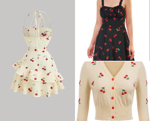 Cute Cherry Print Women’s Clothing Set – Kawaii Cherry Top, Skirt & Dress cover photo collage