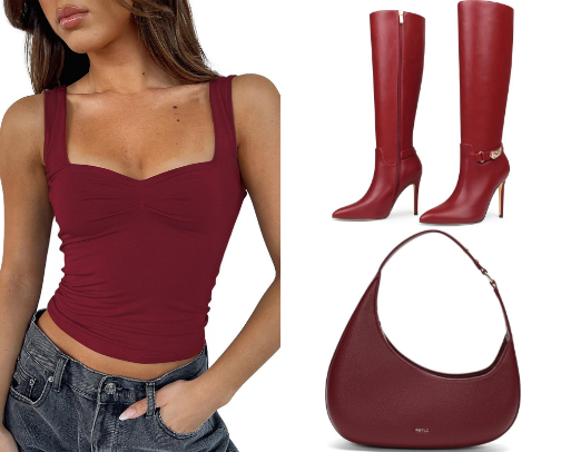 Burgundy Halter Top & Cream Skirt Outfit (Full Look) cover photo collage