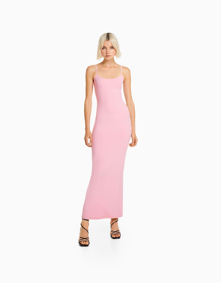 Pink Dress Bershka Robe Rose Bershka Thin Strap Bow Detail Bodycon Maxi  Dress In Pink Lyst