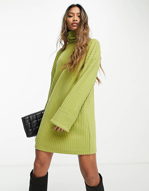 green emerald velvet dress Neon Lime Green Roll Neck Jumper Dress main image 0