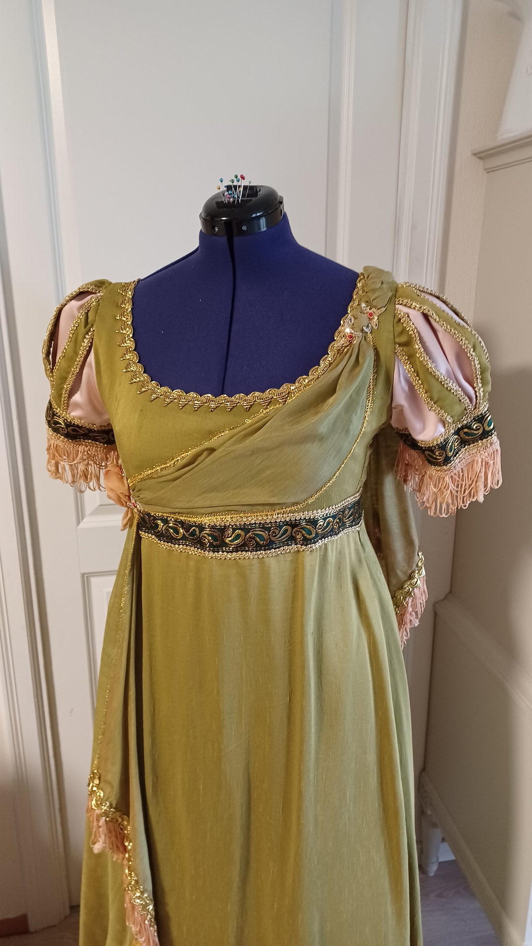 gold regency dress Regency Gold Cloud Patterned Dress Women's Costume – AbracadabraNYC main image 0