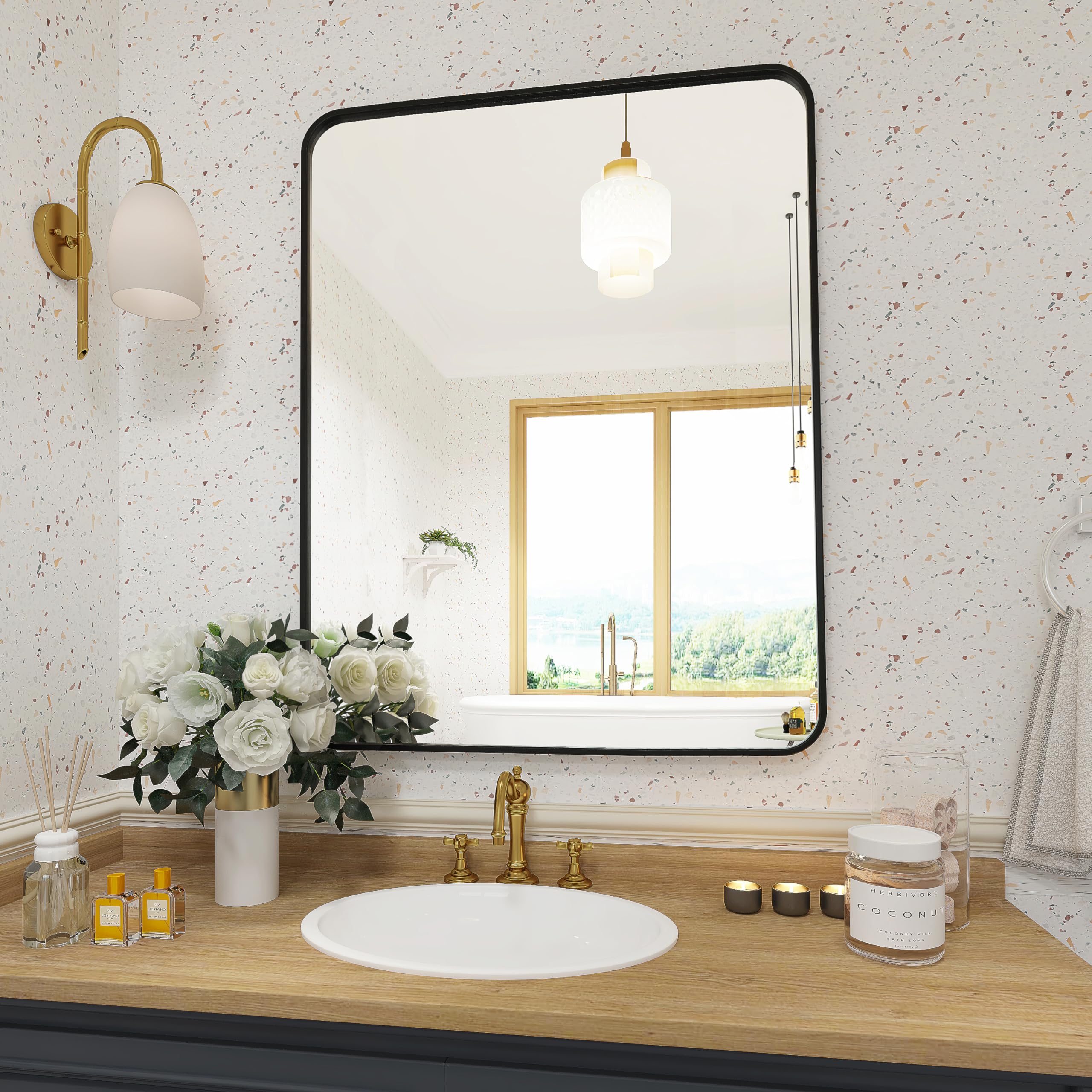 Everything you need for a boho-style bathroom remodel cover photo collage