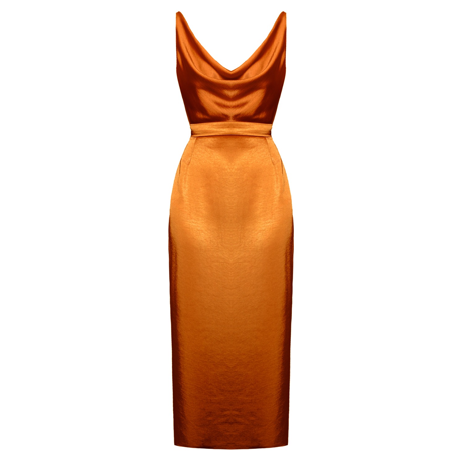 kamea tawny brown satin draped front open back midi dress Strapless Matte Satin Pleated Drop Waist Dress