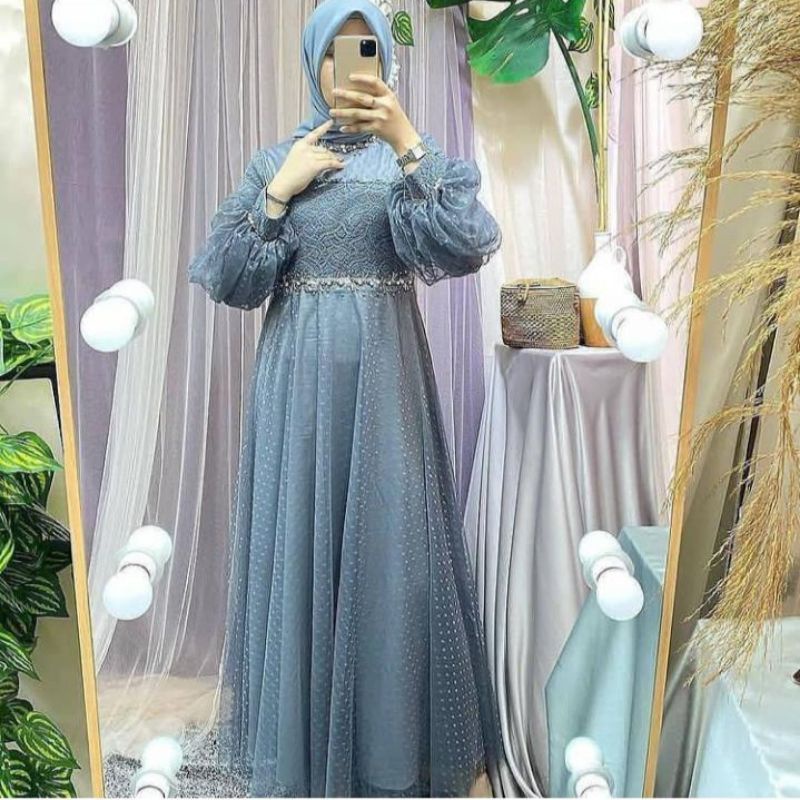 dress brokat modern hijab Jual dress brukat muslim modern FIDELLA DRESS BROKAT TULLE MEWAH OOTD  KONDANGAN TANPA HIJAB