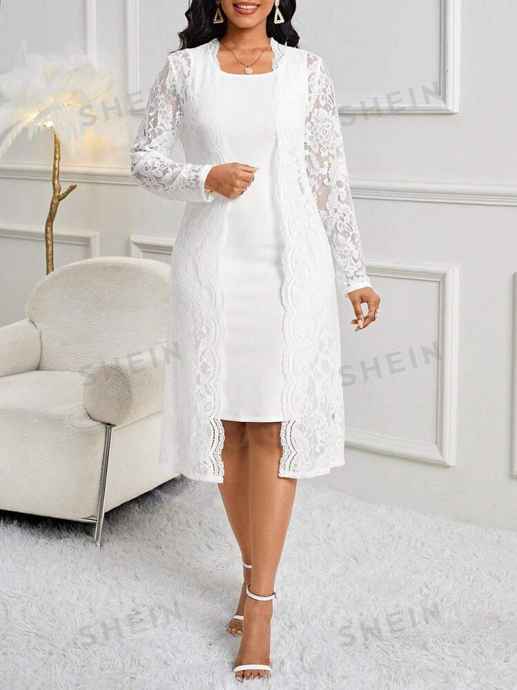 shein white dress for church Women's Elegant Ruffle Trim Fitted Waist Midi Dress,White Summer Dining Birthday Event,Office Wedding Holiday Dresses,XL SHEIN Priv Plus Size Elegant
