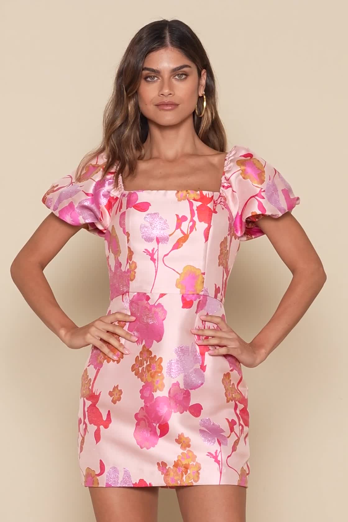 so stunning orange multi floral jacquard puff sleeve mini dress Burnt Orange Floral Sawyer Mini Dress