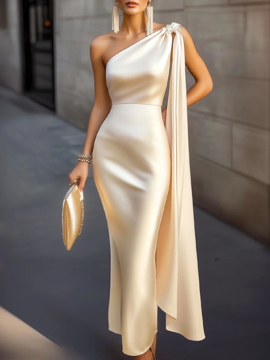 Chic Asymmetric One-Shoulder Satin Maxi Dress