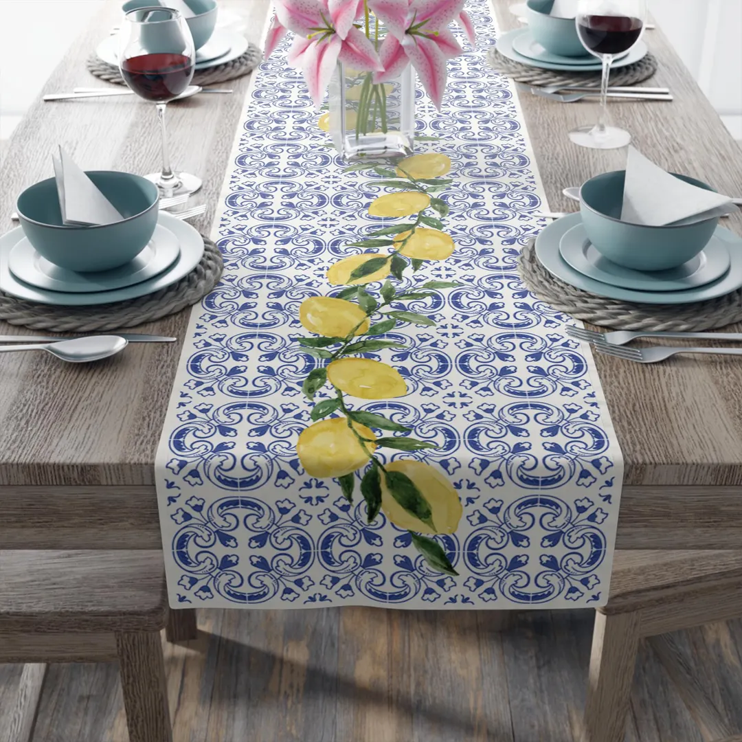 Italian Lemon Table Runner and Placemat Set, Mediterranean Tile Place Mat Setting Linens