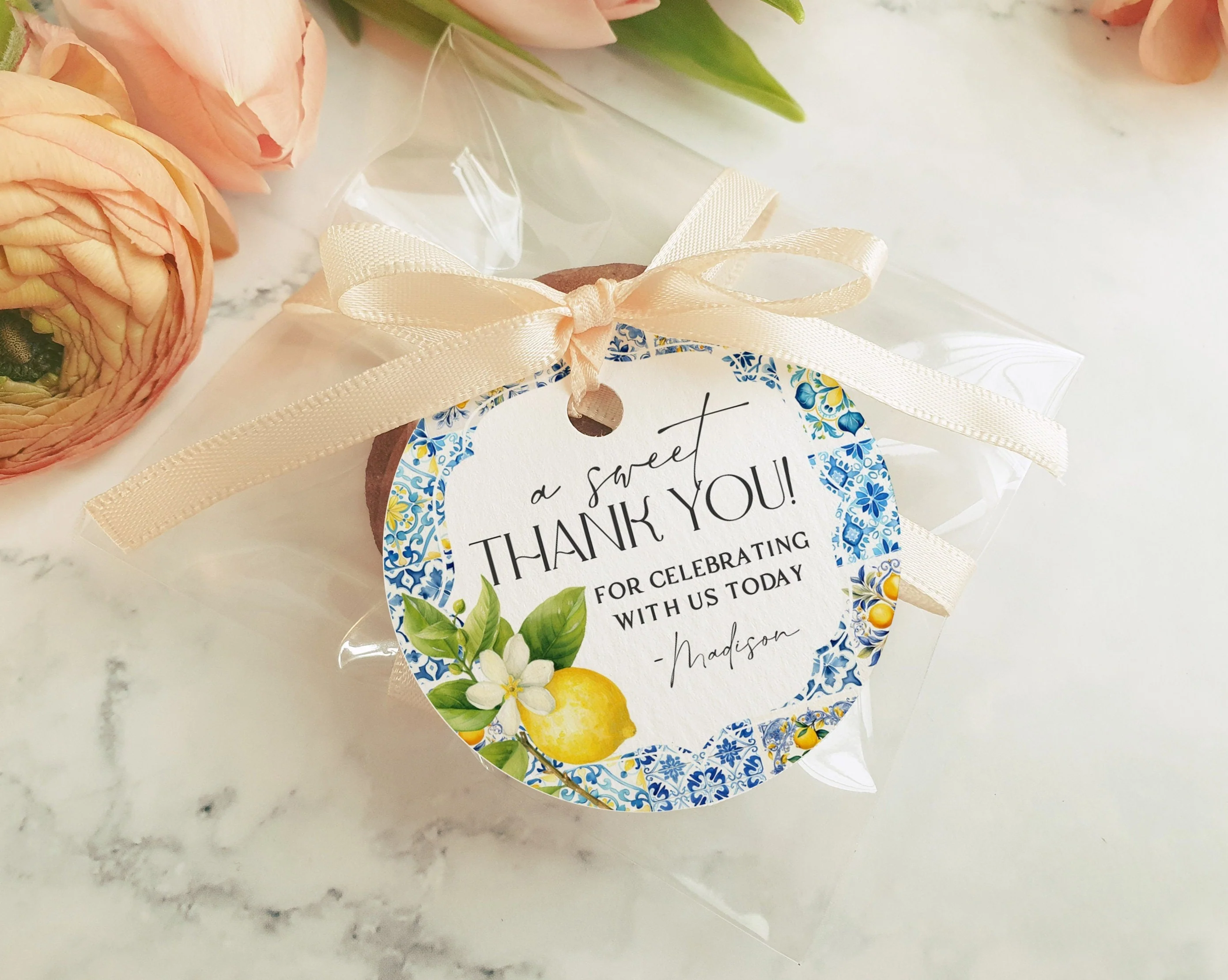 Amalfi Coast bridal shower circle favor tags, printable Maiolica tile design, Wilde Peach Party