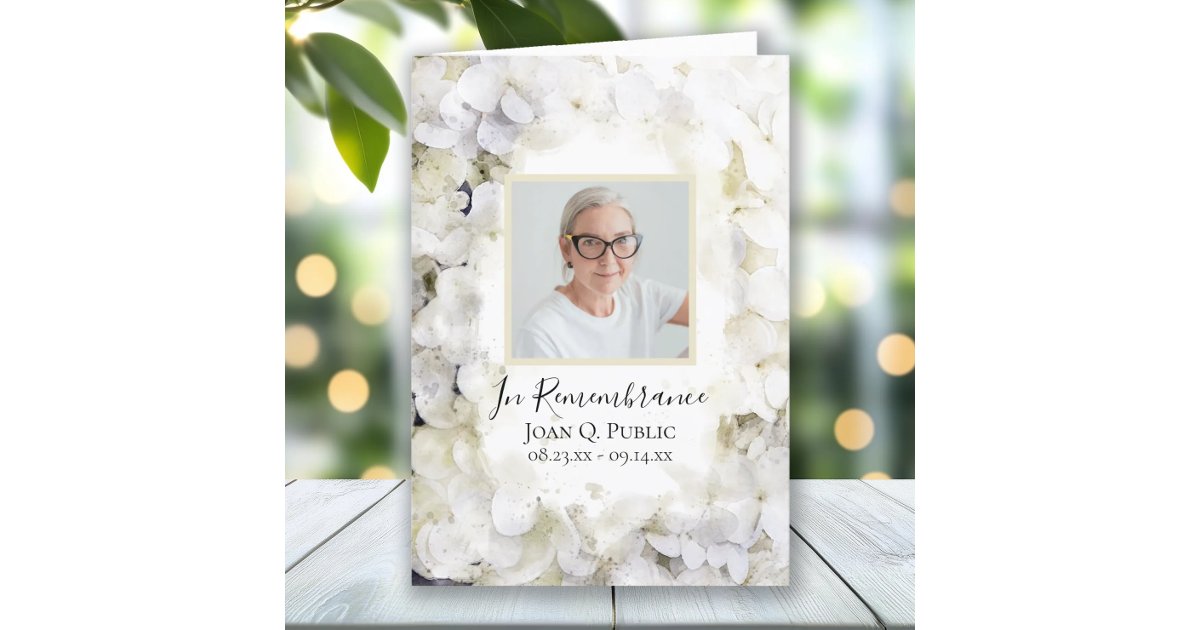 White Hydrangea Watercolor Celebration of Life Memorial Stationery & Ideas cover photo collage
