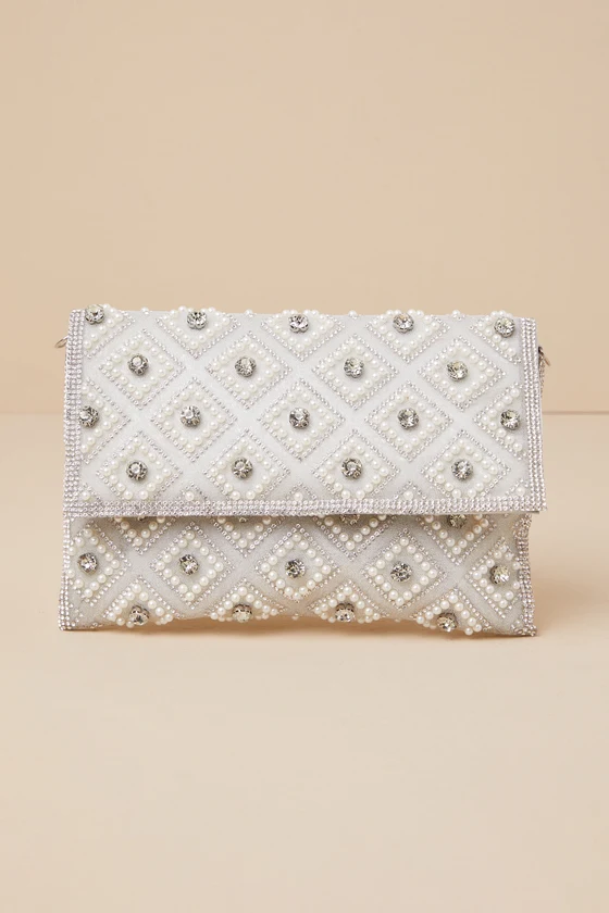 Sparkly Passion Silver Rhinestone Pearl Clutch
