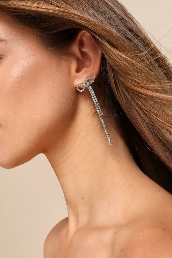 Pristine Pick Silver Rhinestone Bow Drop Earrings