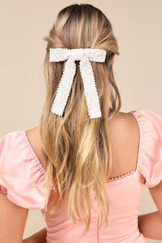 Darling Situation White Beaded Bow Hair Clip